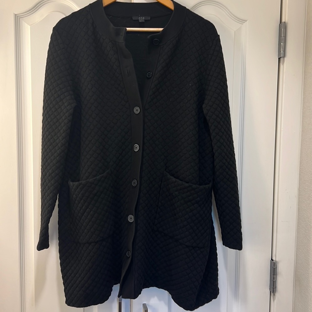 COS black quilted long button front heavy cardigan jacket Medium